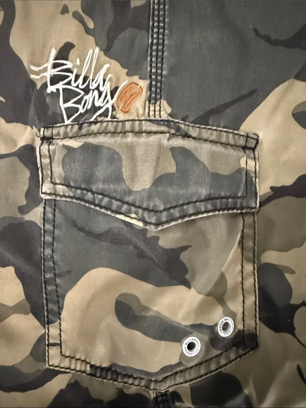 Billabong Green and Tan Camo Cargo Shorts with Orange Waistband